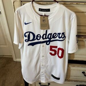 Nike White Dodgers Jersey with Blue and Red